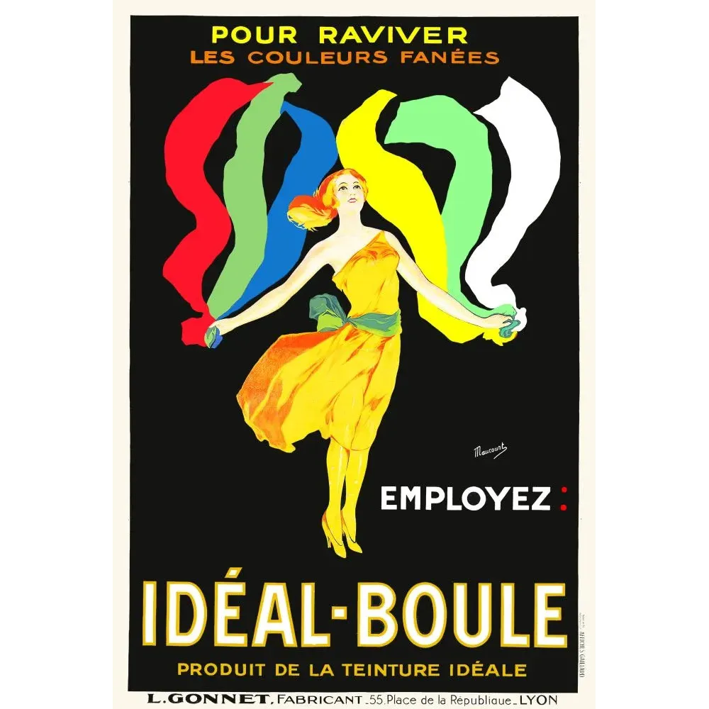 Affiche Idéal-Boule teinture Lyon 1925 Maucourt danseuse robe jaune rubans colorés fond noir Affiche Idéal-Boule teinture Lyon 1925 Maucourt danseuse robe jaune rubans colorés fond noir