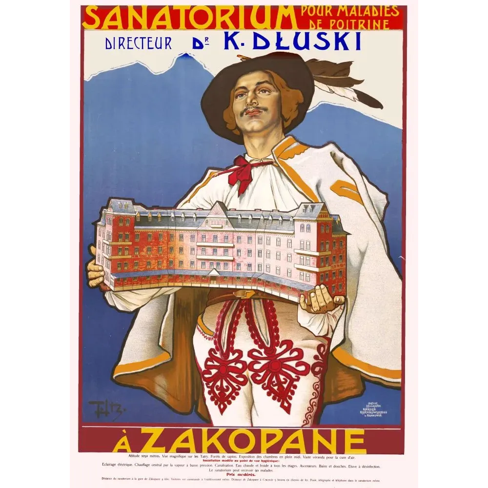 Affiche sanatorium Dr Dłuski Zakopane Tatras 1902 Foltz montagnard polonais costume traditionnel