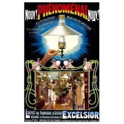 Affiche lampe Phénoménal Excelsior Vienne 1900 Döcker manchon incandescent Art Nouveau chérubins lustres