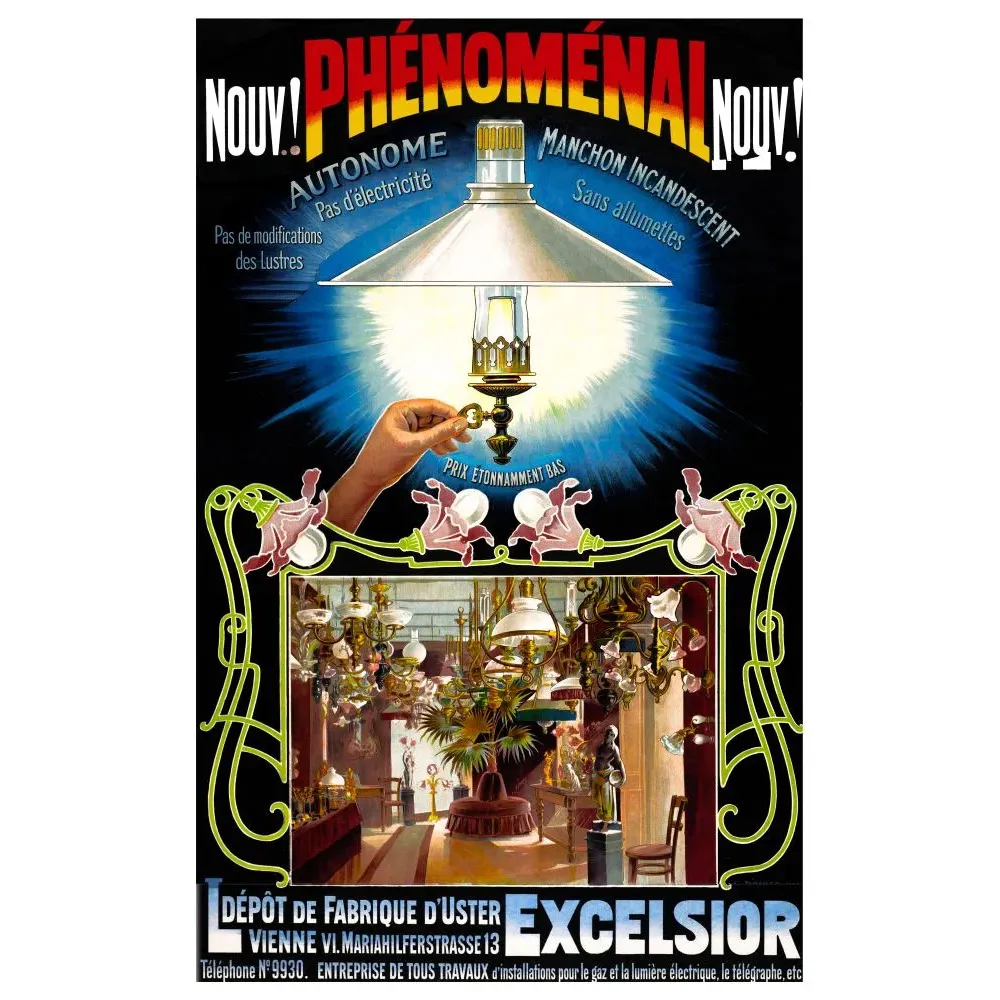 Affiche lampe Phénoménal Excelsior Vienne 1900 Döcker manchon incandescent Art Nouveau chérubins lustres Affiche lampe Phénoménal Excelsior Vienne 1900 Döcker manchon incandescent Art Nouveau chérubins lustres