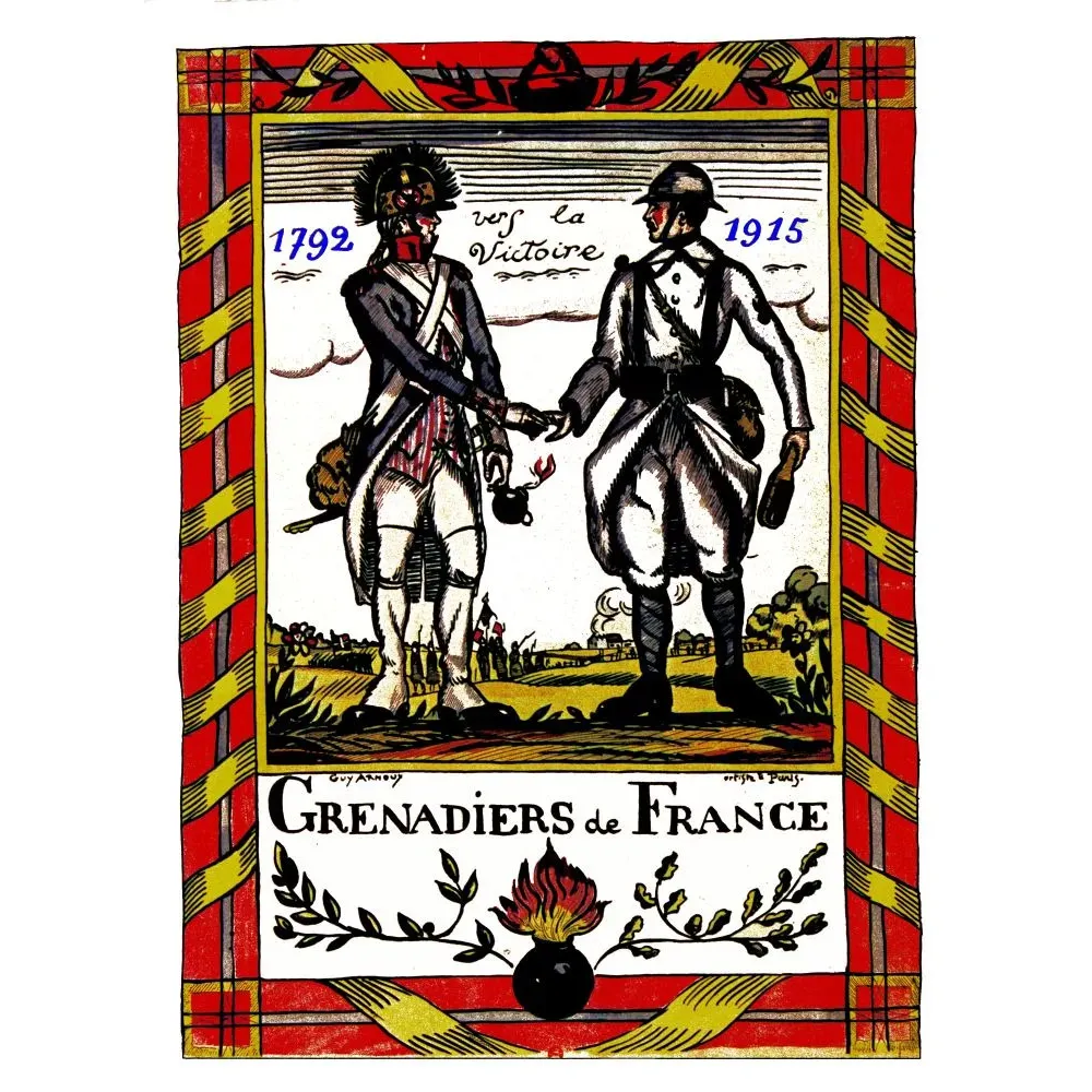 Gravure Grenadiers de France 1792-1915 Guy Arnoux soldat révolution poilu Grande Guerre vers la Victoire Gravure Grenadiers de France 1792-1915 Guy Arnoux soldat révolution poilu Grande Guerre vers la Victoire