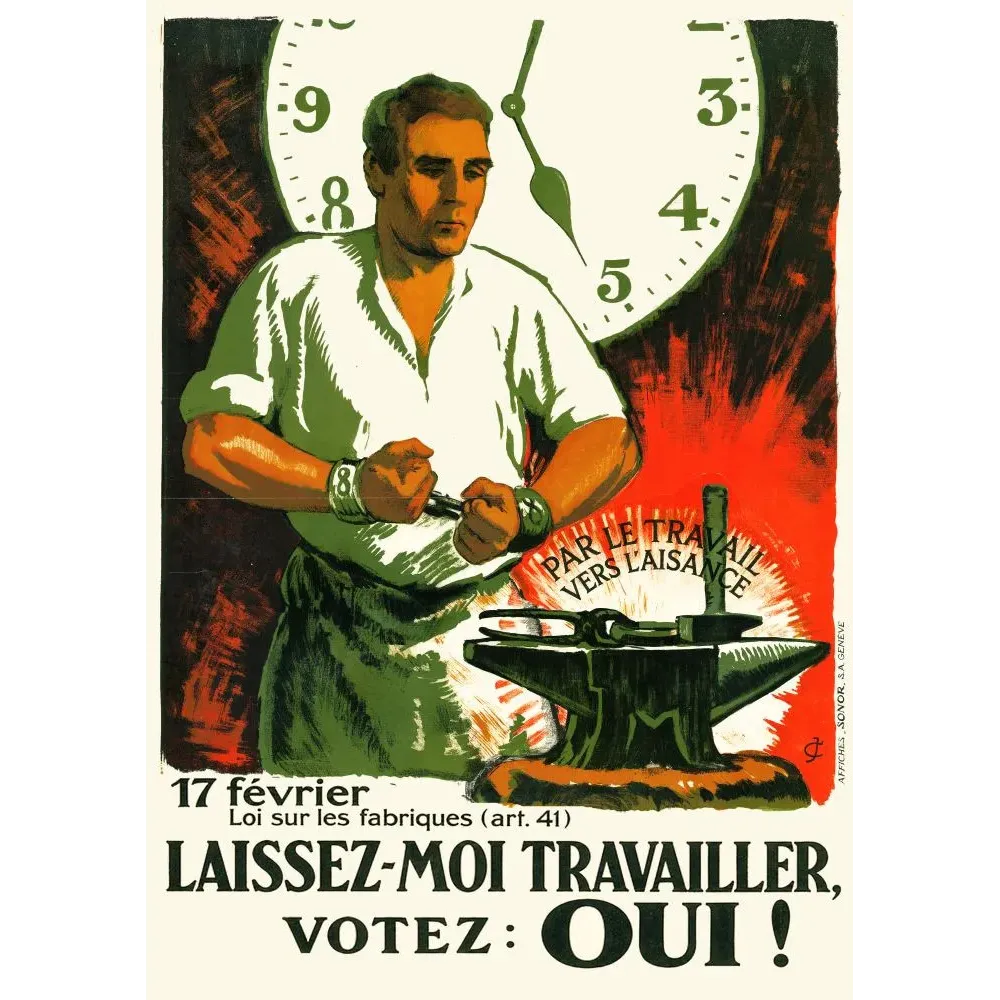 Affiche politique suisse 1924 Jules Courvoisier forgeron enclume horloge votez OUI loi fabriques Genève