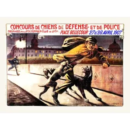 Affiche concours chiens défense police Lyon Bellecour 1907 J. Groulier nuit voleur terrier berger