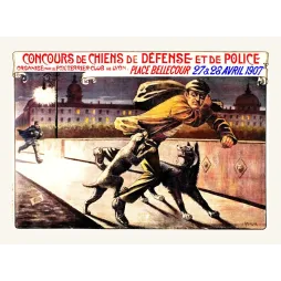Affiche concours chiens défense police Lyon Bellecour 1907 J. Groulier nuit voleur terrier berger