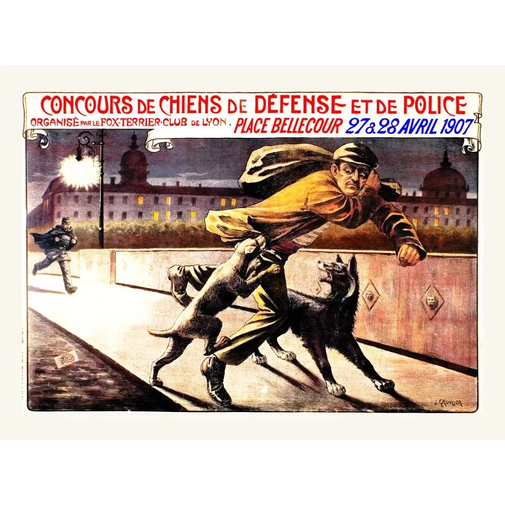 Affiche concours chiens défense police Lyon Bellecour 1907 J. Groulier nuit voleur terrier berger Affiche concours chiens défense police Lyon Bellecour 1907 J. Groulier nuit voleur terrier berger