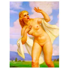 Peinture Nu en paysage Adrien Thevenot femme blonde drapée châle blanc paysage lumineux ciel bleu