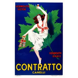 Affiche Vermouth Contratto Canelli 1925 Leonetto Cappiello danseuse robe blanche feuille vigne fond bleu
