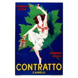 Affiche Vermouth Contratto Canelli 1925 Leonetto Cappiello danseuse robe blanche feuille vigne fond bleu