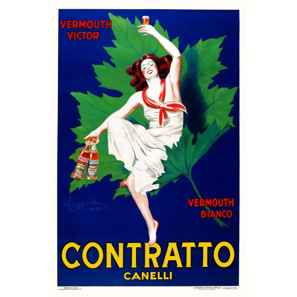 Affiche Vermouth Contratto Canelli 1925 Leonetto Cappiello danseuse robe blanche feuille vigne fond bleu Affiche Vermouth Contratto Canelli 1925 Leonetto Cappiello danseuse robe blanche feuille vigne fond bleu