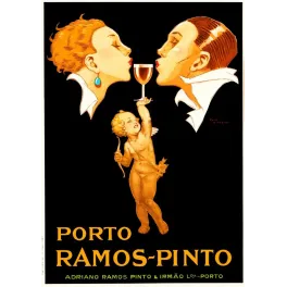 Affiche Porto Ramos-Pinto 1920 René Vincent couple Art Déco Cupidon verre porto fond noir