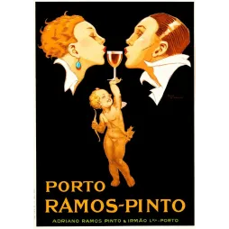 Affiche Porto Ramos-Pinto 1920 René Vincent couple Art Déco Cupidon verre porto fond noir