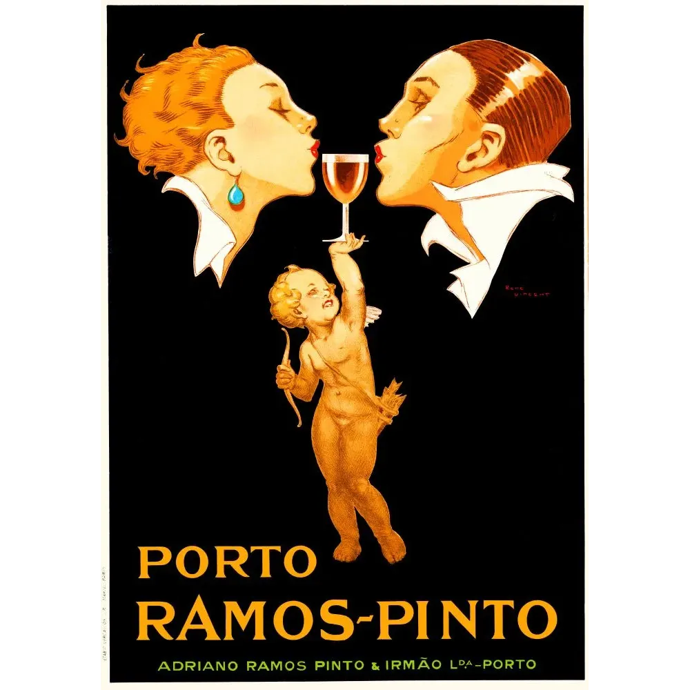 Affiche Porto Ramos-Pinto 1920 René Vincent couple Art Déco Cupidon verre porto fond noir