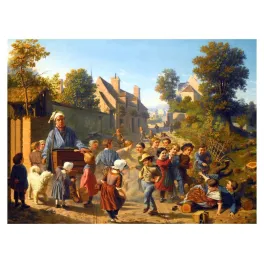 Peinture Le Musicien Rudolf Zink 1850 orgue de barbarie enfants village ensoleillé chien blanc