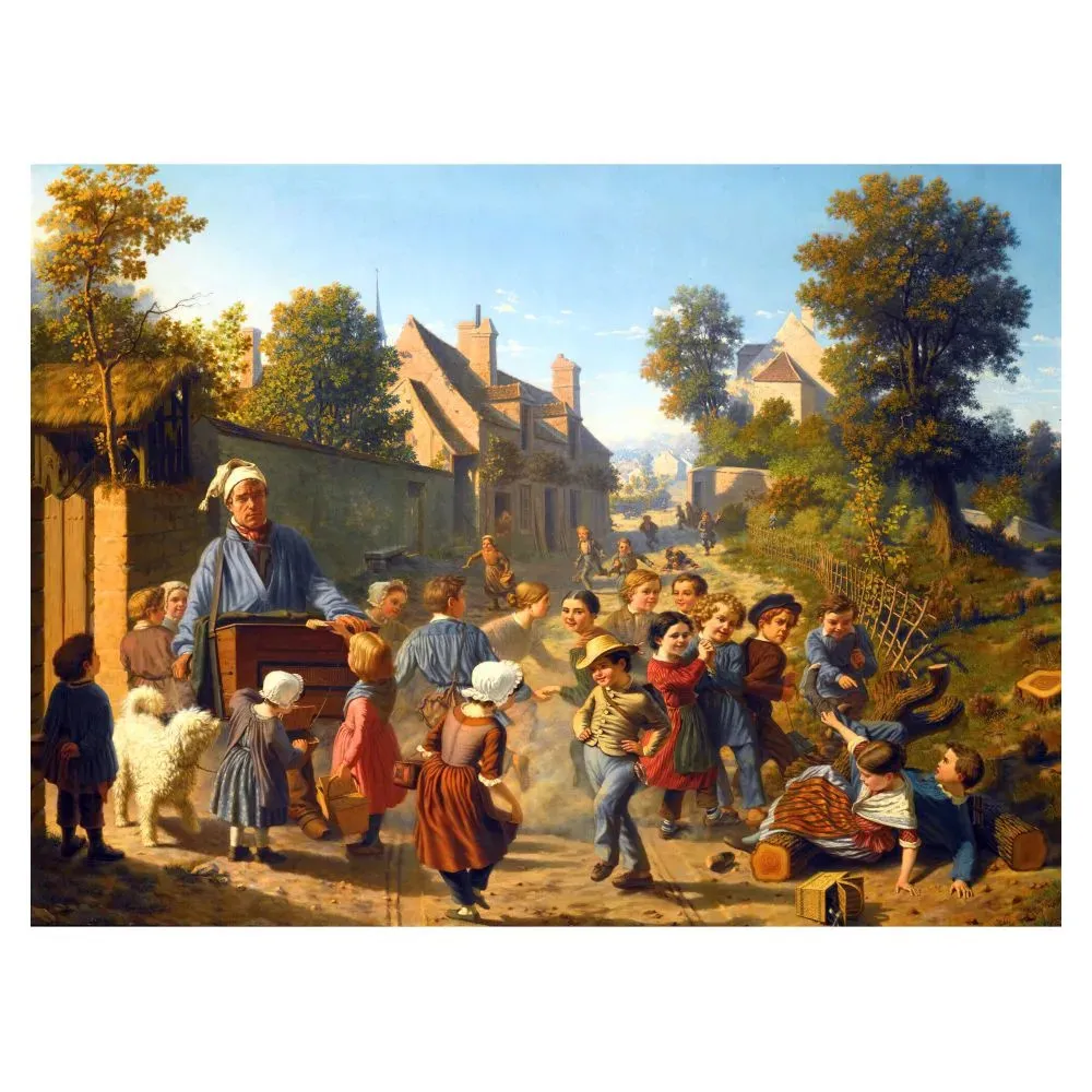 Peinture Le Musicien Rudolf Zink 1850 orgue de barbarie enfants village ensoleillé chien blanc Peinture Le Musicien Rudolf Zink 1850 orgue de barbarie enfants village ensoleillé chien blanc