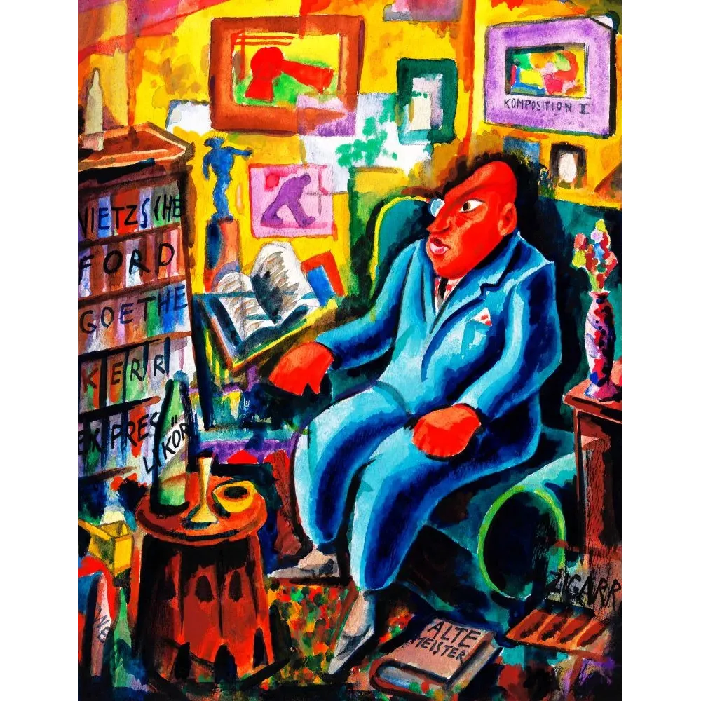 Peinture Der Snob Karl Wiener 1928 bourgeois fauteuil bibliothèque Nietzsche Goethe expressionnisme satire