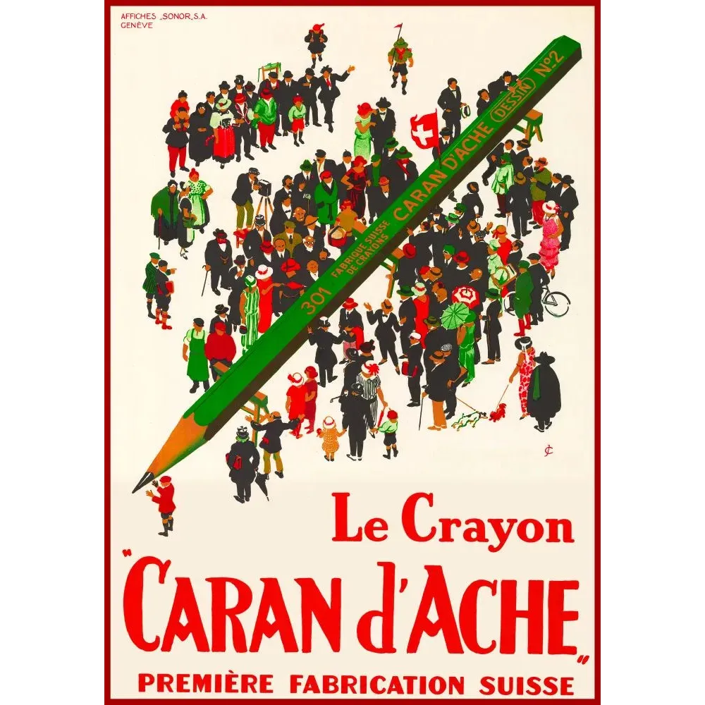 Affiche Caran d'Ache crayon suisse Genève foule cosmopolite crayon géant vert Sonor Affiche Caran d'Ache crayon suisse Genève foule cosmopolite crayon géant vert Sonor