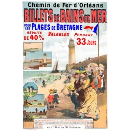 Affiche bains de mer Bretagne Chemin de Fer Orléans 1890 plage phare estivants Quiberon Carnac Champenois