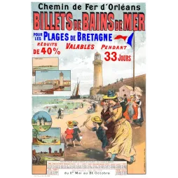 Affiche bains de mer Bretagne Chemin de Fer Orléans 1890 plage phare estivants Quiberon Carnac Champenois