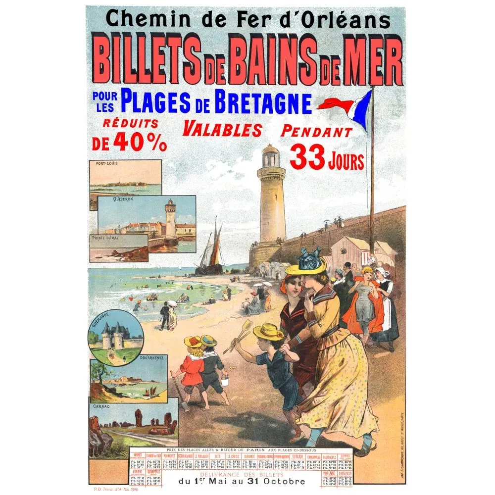 Affiche bains de mer Bretagne Chemin de Fer Orléans 1890 plage phare estivants Quiberon Carnac Champenois Affiche bains de mer Bretagne Chemin de Fer Orléans 1890 plage phare estivants Quiberon Carnac Champenois