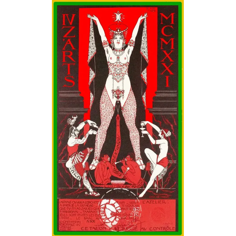 Carton invitation Bal Quat'z'Arts 1921 Paul Labbé Beaux-Arts Paris figure orientale rouge noir
