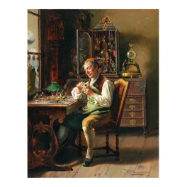 Peinture L'Horloger Johann Hamza 1912 artisan atelier rococo pendules montres outils Vienne