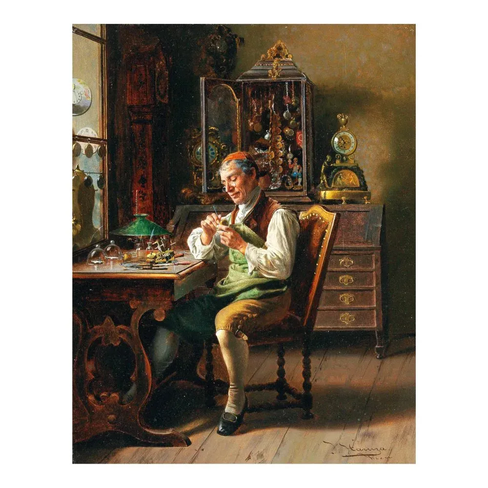 Peinture L'Horloger Johann Hamza 1912 artisan atelier rococo pendules montres outils Vienne Peinture L'Horloger Johann Hamza 1912 artisan atelier rococo pendules montres outils Vienne