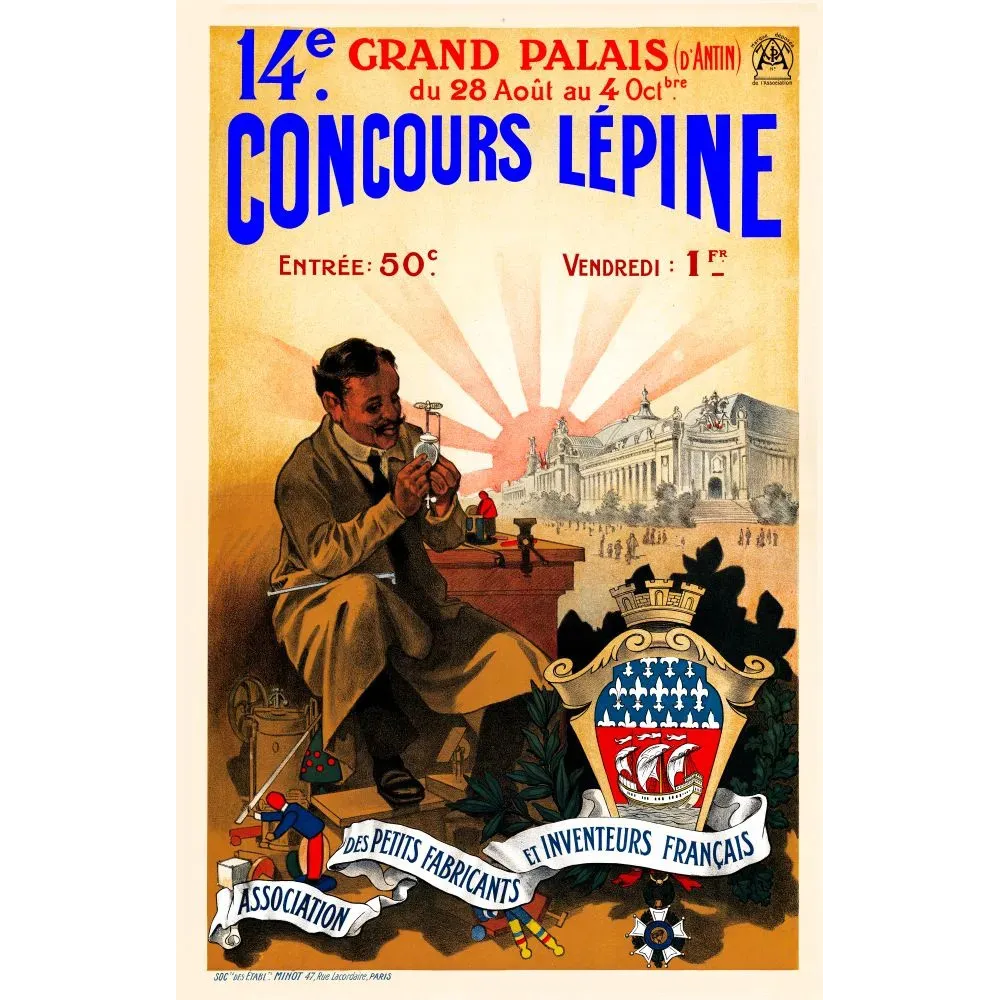 Affiche 14e Concours Lépine Grand Palais Paris 1910 inventeur fabricants français blason Association Affiche 14e Concours Lépine Grand Palais Paris 1910 inventeur fabricants français blason Association