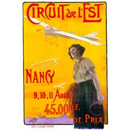 Affiche Circuit de l'Est Nancy 1910 Henri Dry biplans meeting aérien fond doré femme silhouette ville
