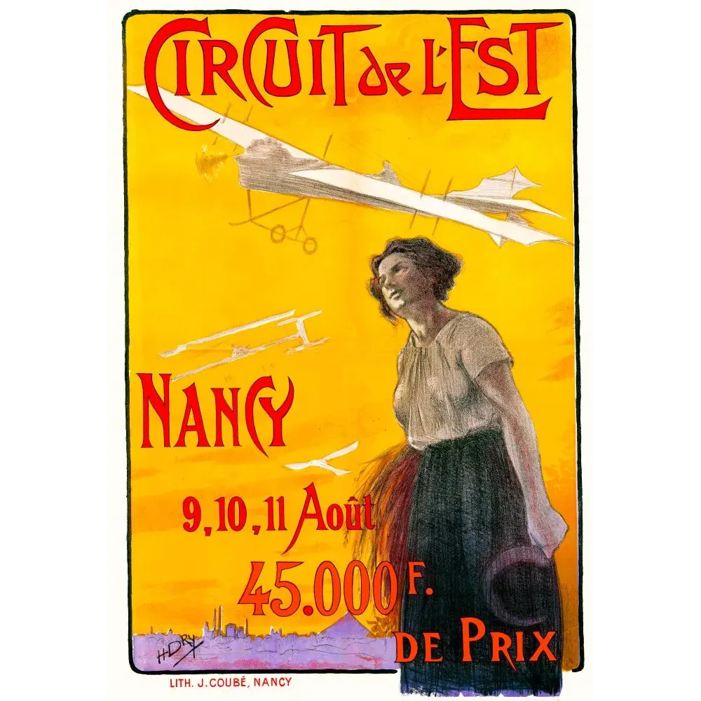 Affiche Circuit de l'Est Nancy 1910 Henri Dry biplans meeting aérien fond doré femme silhouette ville Affiche Circuit de l'Est Nancy 1910 Henri Dry biplans meeting aérien fond doré femme silhouette ville