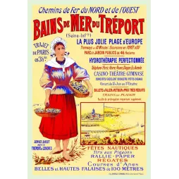 Affiche bains de mer Tréport Normandie 1895 Chemins de Fer pêcheuse costume falaises 100m Charles Verneau