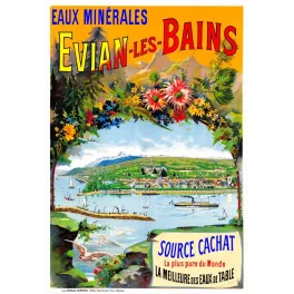 Affiche Evian-les-Bains Source Cachat lac Léman vapeurs Alpes fleurs Charles Verneau 1900