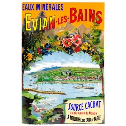 Affiche Evian-les-Bains Source Cachat lac Léman vapeurs Alpes fleurs Charles Verneau 1900