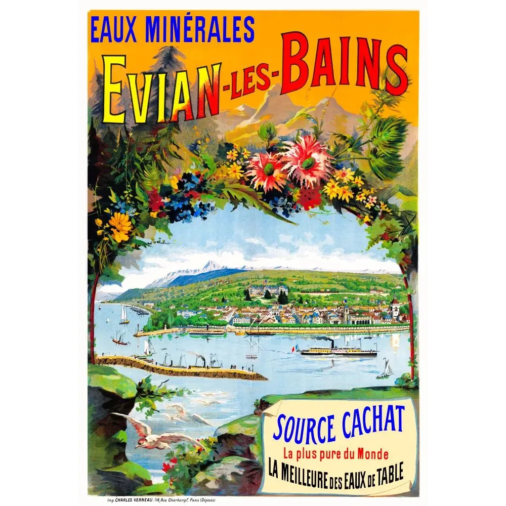 Affiche Evian-les-Bains Source Cachat lac Léman vapeurs Alpes fleurs Charles Verneau 1900 Affiche Evian-les-Bains Source Cachat lac Léman vapeurs Alpes fleurs Charles Verneau 1900