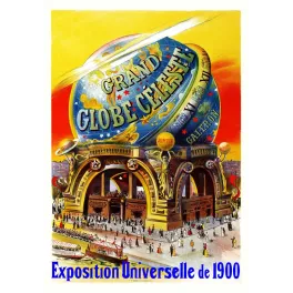 Affiche Grand Globe Céleste Exposition Universelle Paris 1900 Galeron globe arches dorées foule Seine
