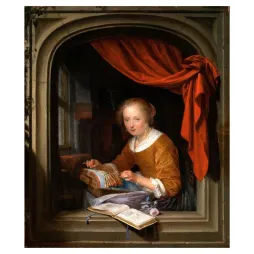 Peinture La Dentellière Gerrit Dou 1667 jeune femme fuseaux rideau rouge intérieur hollandais XVIIe