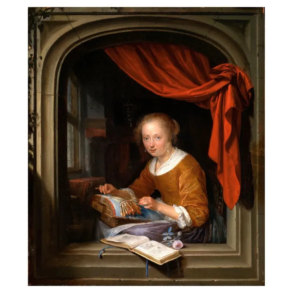 Peinture La Dentellière Gerrit Dou 1667 jeune femme fuseaux rideau rouge intérieur hollandais XVIIe Peinture La Dentellière Gerrit Dou 1667 jeune femme fuseaux rideau rouge intérieur hollandais XVIIe