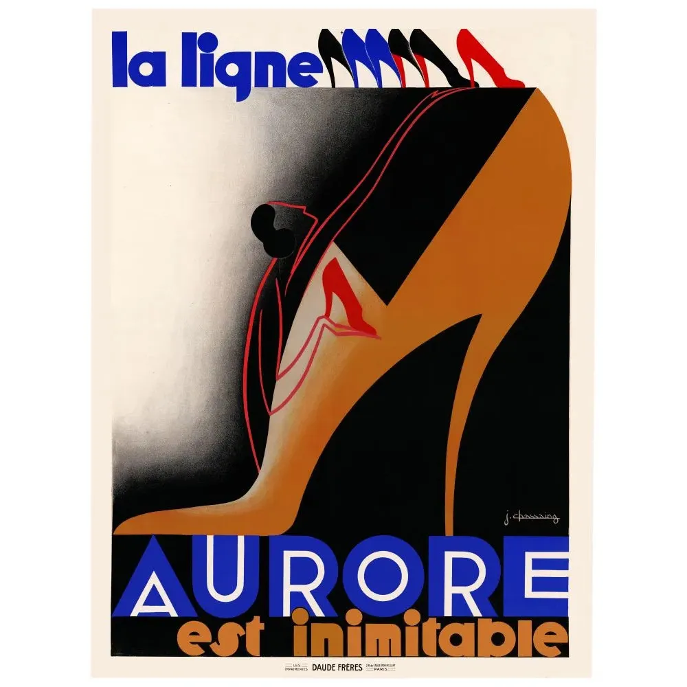 Affiche chaussures ligne Aurore Jean Chassaing 1930 Art Déco escarpin géant fond noir Daude Frères Paris Affiche chaussures ligne Aurore Jean Chassaing 1930 Art Déco escarpin géant fond noir Daude Frères Paris