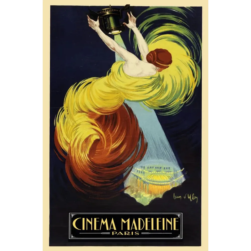 Affiche Cinéma Madeleine Paris 1920 Jean d'Ylen muse robe jaune projecteur faisceau nuit Art Déco Affiche Cinéma Madeleine Paris 1920 Jean d'Ylen muse robe jaune projecteur faisceau nuit Art Déco