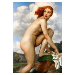 Peinture Baigneuse Surprise Adrien Thevenot femme rousse nue paysage rivière rocher linge