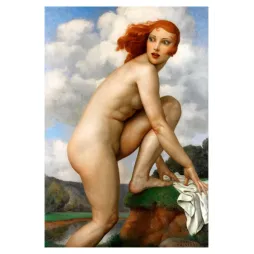 Peinture Baigneuse Surprise Adrien Thevenot femme rousse nue paysage rivière rocher linge