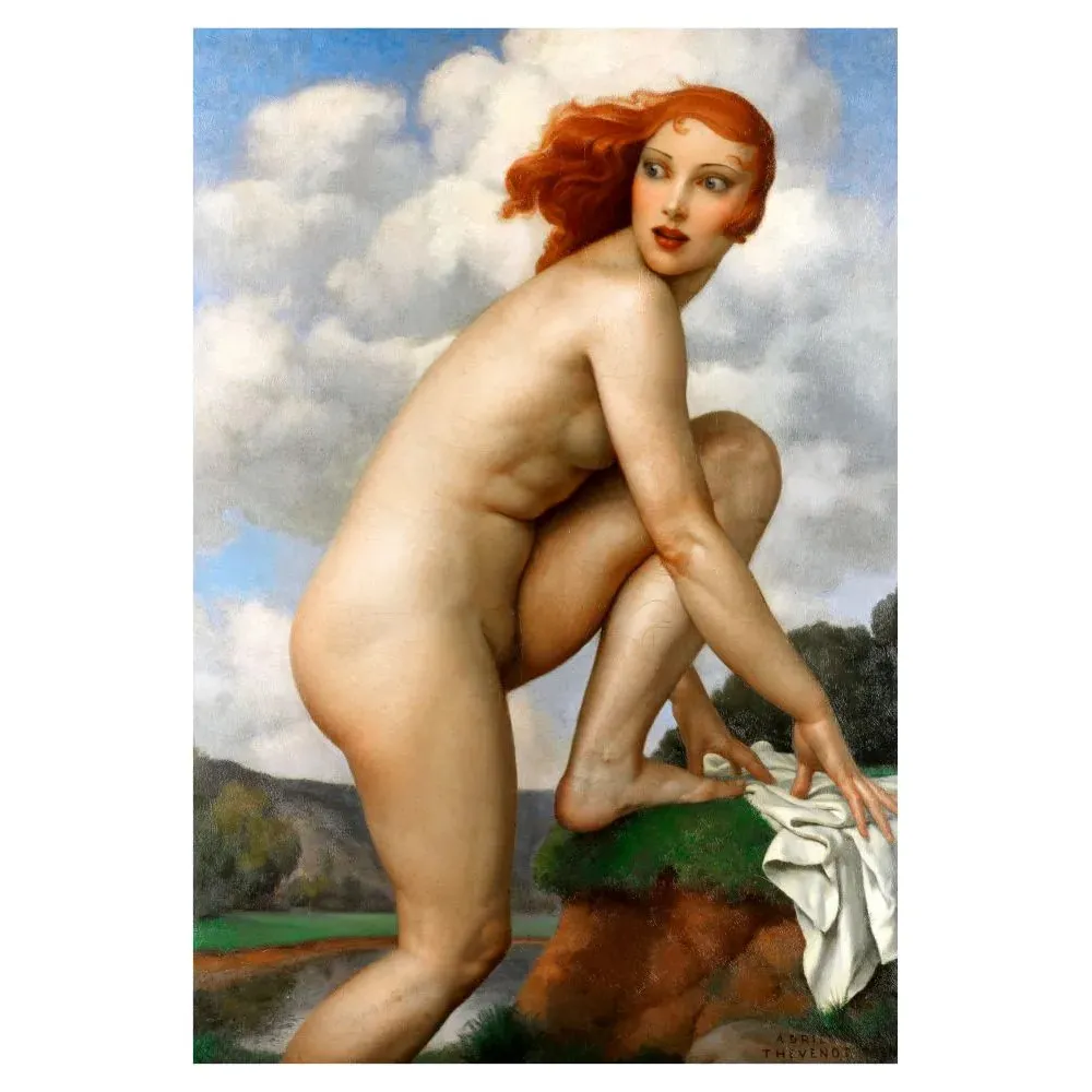 Peinture Baigneuse Surprise Adrien Thevenot femme rousse nue paysage rivière rocher linge Peinture Baigneuse Surprise Adrien Thevenot femme rousse nue paysage rivière rocher linge