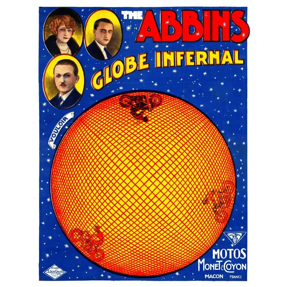Affiche Globe Infernal Abbins cirque motos Monet Coyon Mâcon globe orange étoilé acrobaties Louis Galice Affiche Globe Infernal Abbins cirque motos Monet Coyon Mâcon globe orange étoilé acrobaties Louis Galice
