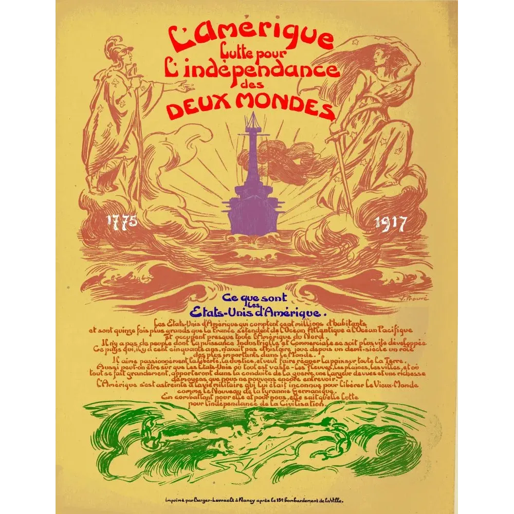 Affiche propagande française 1917 Victor Prouvé Amérique indépendance deux mondes cuirassé Nancy Berger-Levrault Affiche propagande française 1917 Victor Prouvé Amérique indépendance deux mondes cuirassé Nancy Berger-Levrault