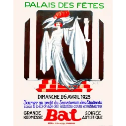Affiche bal Palais des Fêtes Strasbourg 1925 Jean Jacoby Art Déco danseuse robe blanche plume rouge