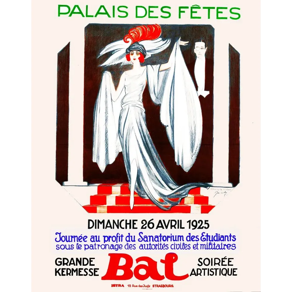 Affiche bal Palais des Fêtes Strasbourg 1925 Jean Jacoby Art Déco danseuse robe blanche plume rouge Affiche bal Palais des Fêtes Strasbourg 1925 Jean Jacoby Art Déco danseuse robe blanche plume rouge