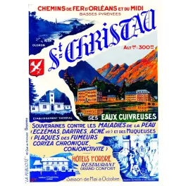 Affiche thermale Saint-Christau Basses-Pyrénées H. Poublan Chemins de Fer Orléans Midi eaux cuivreuses montagne