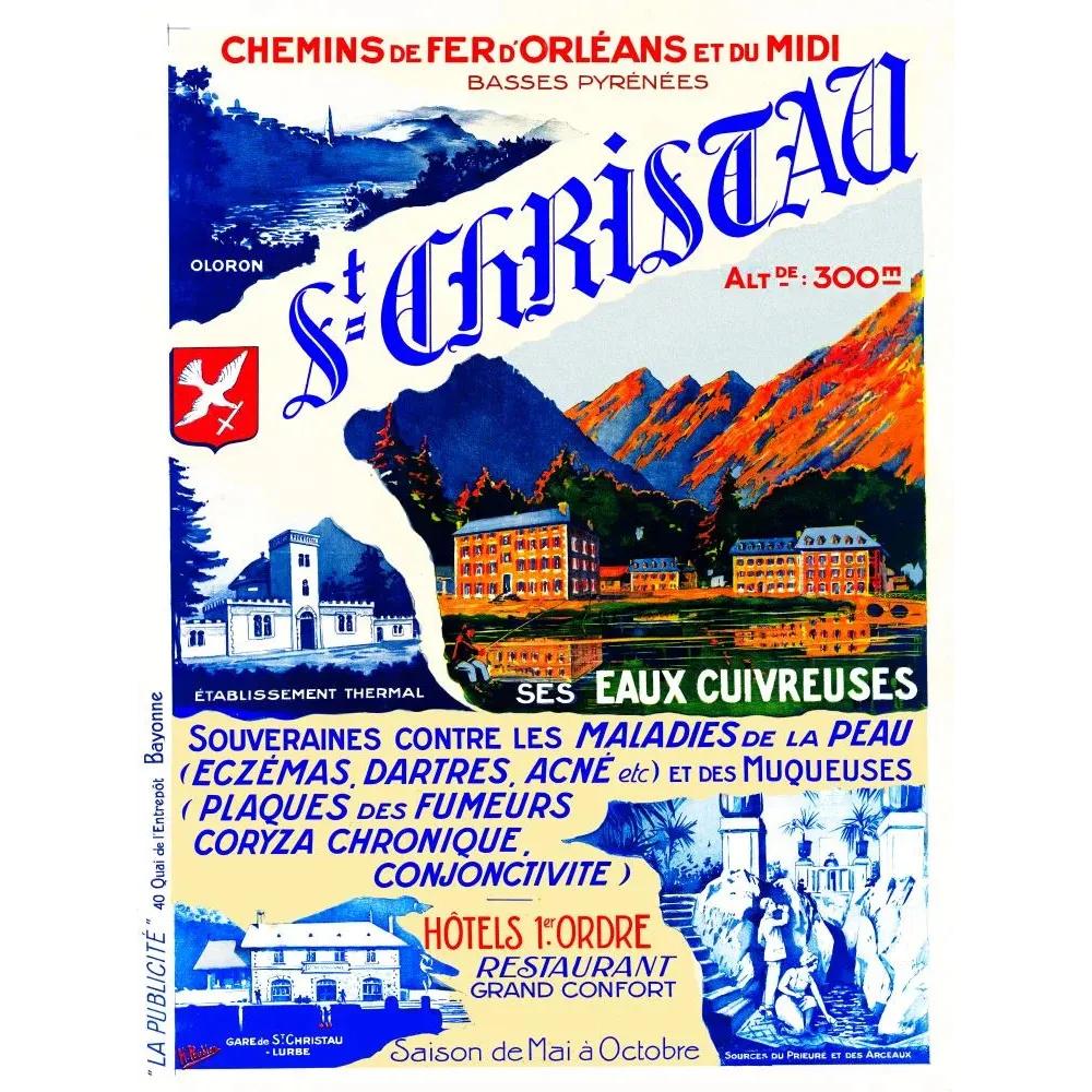 Affiche thermale Saint-Christau Basses-Pyrénées H. Poublan Chemins de Fer Orléans Midi eaux cuivreuses montagne Affiche thermale Saint-Christau Basses-Pyrénées H. Poublan Chemins de Fer Orléans Midi eaux cuivreuses montagne