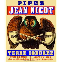 Affiche publicitaire pipes Jean Nicot Terre Iodurée hibou pipes croisées Van Geleyn Paris XIXe siècle