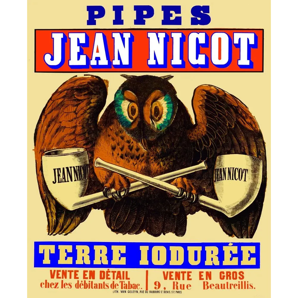Affiche publicitaire pipes Jean Nicot Terre Iodurée hibou pipes croisées Van Geleyn Paris XIXe siècle Affiche publicitaire pipes Jean Nicot Terre Iodurée hibou pipes croisées Van Geleyn Paris XIXe siècle