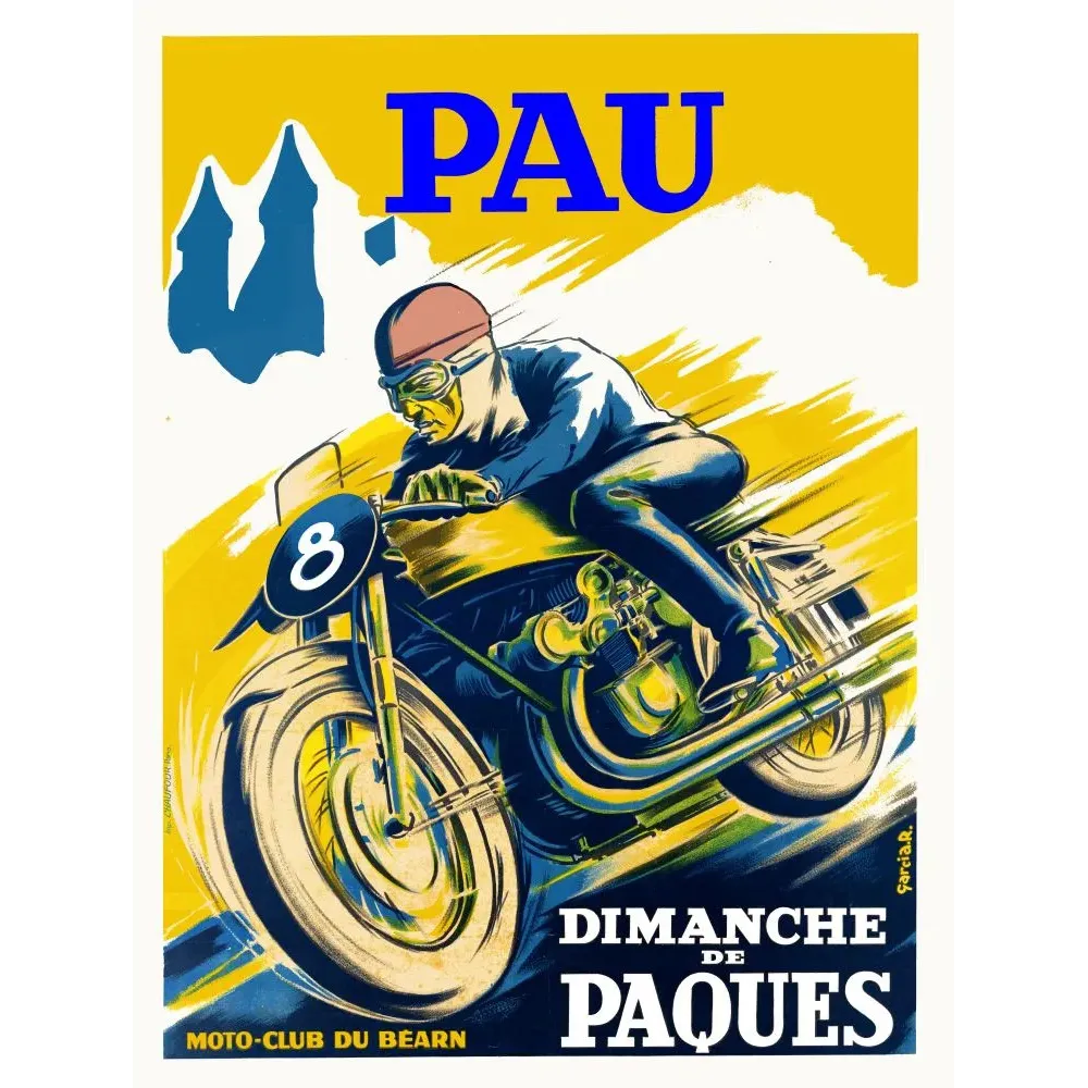 Affiche course moto Pau Dimanche de Pâques Moto-Club du Béarn R. Garcia 1950 circuit pilote numéro 8
